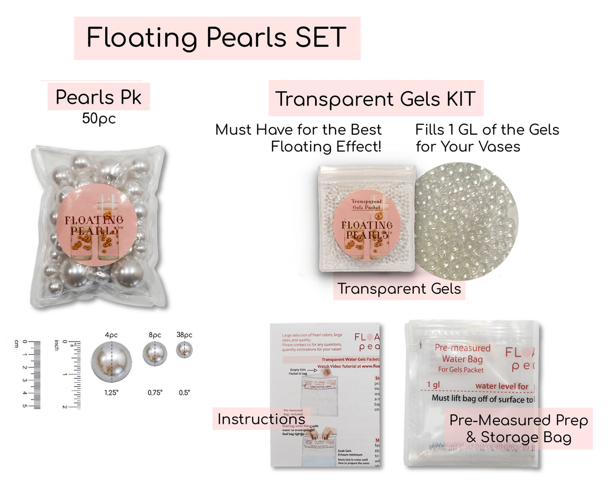50 Floating White Pearls-Shiny-Fills 1 Gallon of Floating Pearls & Transparent Gels For Floating Effect-With Exclusive Measured Gels Prep Bag-Option: 3 Submersible Fairy Lights Strings