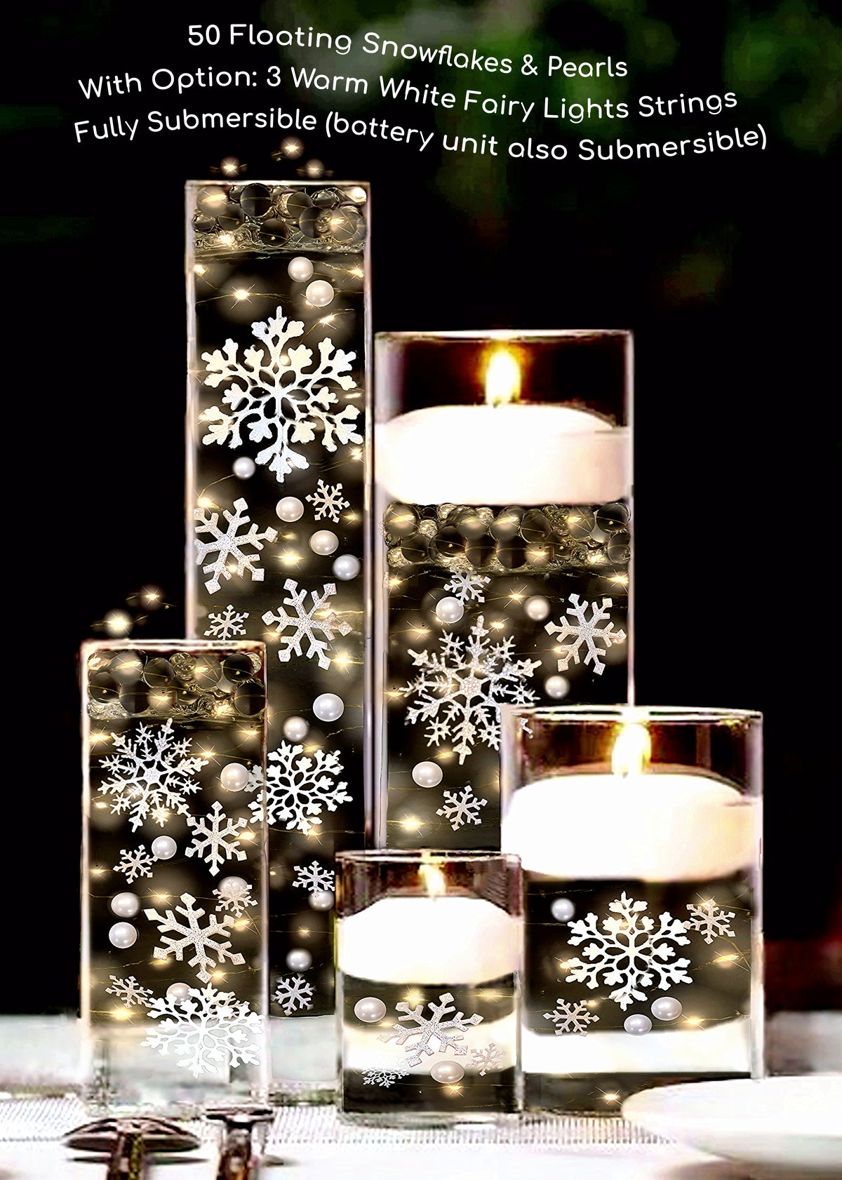 50 Floating White Snowflakes & Pearls-Plus Transparent Water Gels That Fills 1 Gallon for Your Vases- Option: 3 Submersible LED Fairy Lights Strings with Hidable & Submersible Batteries