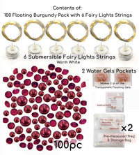 100 Floating Burgundy Pearls/Gems- Large Sizes- Option: 6 Submersible Fairy Lights Strings Hidable Submersible Batteries- Makes 2 Gallons of Transparent Water Gels for Vases