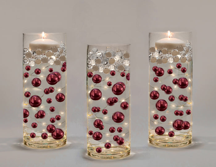 75 Floating Burgundy Pearls-Large-Fills 1 Gallon of the Floating Transparent Gels for Vases-With Measured Gels Kit-Option 3 Fairy Lights Submersible Strings