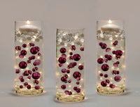100 Floating Burgundy Pearls/Gems- Large Sizes- Option: 6 Submersible Fairy Lights Strings Hidable Submersible Batteries- Makes 2 Gallons of Transparent Water Gels for Vases