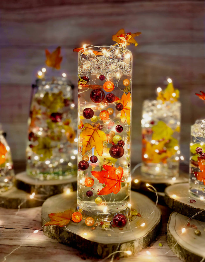 50 Floating Realistic Fall Leaves, Mums, Pumpkin Gems-Pearls-Fills 1 Gallon of The Transparent Floating Gels-Options of 3 Submersible Fairy Lights Strings