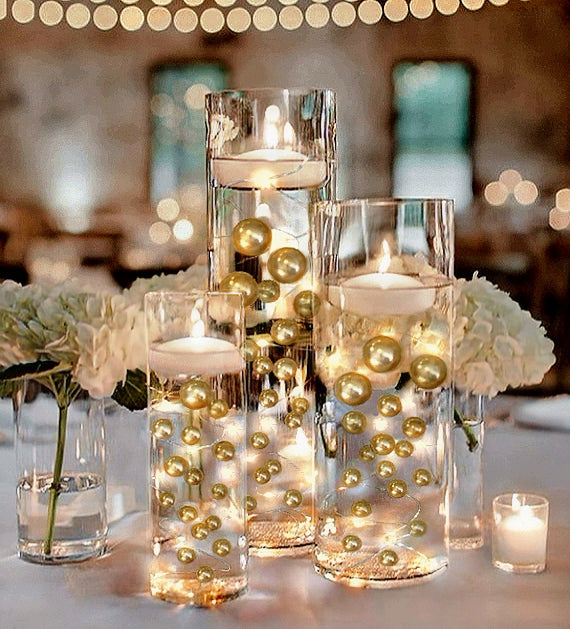 75 Gold Floating Pearls-Large Sizes-Fills 4 Medium Size Vases (1 Gal) of the Transparent Floating Gels-With Measured Prep Bag-Option of 3 Fairy Lights Strings
