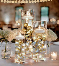 75 Gold Floating Pearls-Large Sizes-Fills 4 Medium Size Vases (1 Gal) of the Transparent Floating Gels-With Measured Prep Bag-Option of 3 Fairy Lights Strings