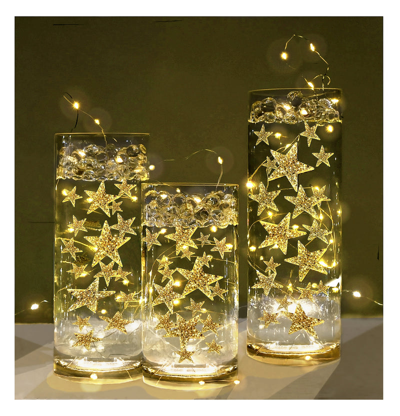 50 Floating Gold Stars-Sparkling-Large Sizes-Fills 1 Gallon of the Transparent Floating Gels for Your Vases - With Pre-Measured Prep Bags - Option of 3 Submersible Fairy Lights Strings