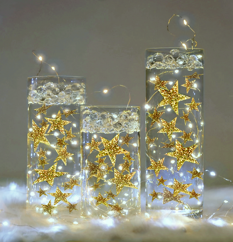 50 Floating Gold Stars-Sparkling- Large Sizes- Fills 1 Gallon of the Transparent Floating Gels for Your Vases -With Pre-Measured Prep Bags -Option of 3 Submersible Fairy Lights Strings