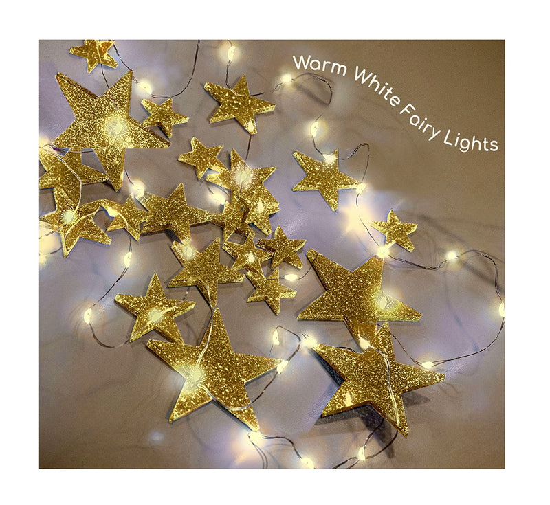 50 Floating Gold Stars-Sparkling-Large Sizes-Fills 1 Gallon of the Transparent Floating Gels for Your Vases - With Pre-Measured Prep Bags - Option of 3 Submersible Fairy Lights Strings