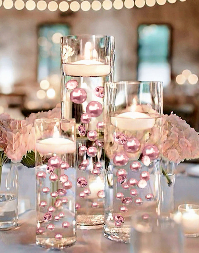 100 Floating Light Pink Pearls with Matching Pink Gems- Large Sizes- Fills 2 Gallons of the Transparent Floating Gels for Your Vases- With Pre-Measured Prep Bags- Option of 6 Submersible Fairy Lights Strings