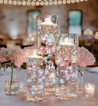 100 Floating Light Pink Pearls with Matching Pink Gems- Large Sizes- Fills 2 Gallons of the Transparent Floating Gels for Your Vases- With Pre-Measured Prep Bags- Option of 6 Submersible Fairy Lights Strings
