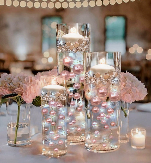 100 Floating Light Pink Pearls with Matching Pink Gems- Large Sizes- Fills 2 Gallons of the Transparent Floating Gels for Your Vases- With Pre-Measured Prep Bags- Option of 6 Submersible Fairy Lights Strings