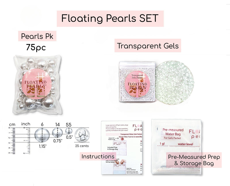75 Floating White Pearls- Fills 1 Gallon of the Floating Pearls & Transparent Water Gels for Your Vases- With Measured Prep Bag- And Option of 3 Submersible Fairy Lights Strings