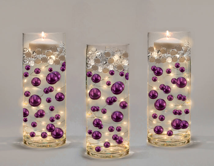 75 Purple Plum Floating Pearls-Fills 1 Gallon of Floating Transparent Gels for Vases-With Pre-Measured Prep Bag-With Option of 3 Fairy Lights Stings