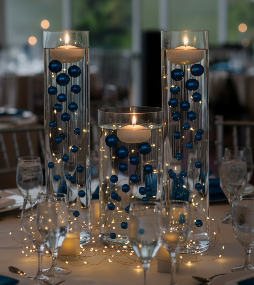 75 Floating Royal Blue (Navy) Pearls Large Sizes- Option of 3 Submersible Fairy Lights Strings Hidable Submersible Batteries- 1 Gallon of Transparent Water Gels for Vases