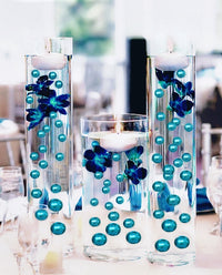 100 Floating Turquoise Blue/Teal Pearls and Matching Gems-Fill 2 Gallons of The Transparent Gels for the Floating Effect-Option: 6 Submersible Fairy Lights Strings