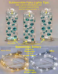 100 Floating Light Pink Pearls with Matching Pink Gems- Large Sizes- Fills 2 Gallons of the Transparent Floating Gels for Your Vases- With Pre-Measured Prep Bags- Option of 6 Submersible Fairy Lights Strings