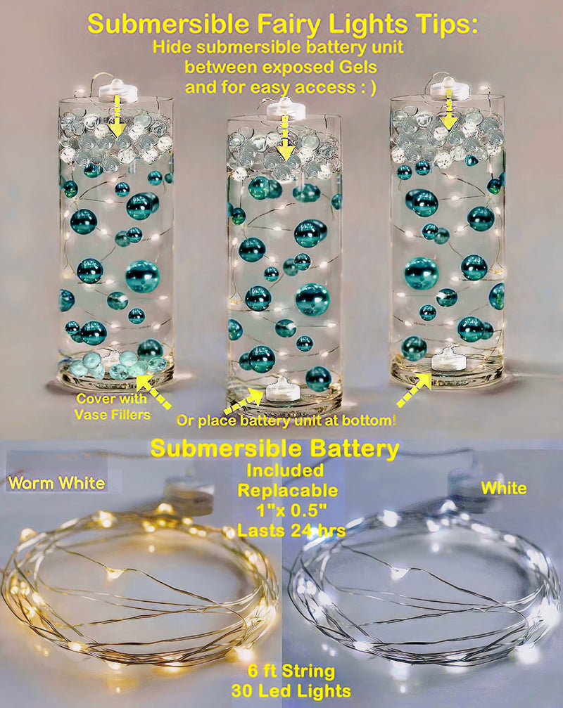 100 Floating Light Pink Pearls with Matching Pink Gems- Large Sizes- Fills 2 Gallons of the Transparent Floating Gels for Your Vases- With Pre-Measured Prep Bags- Option of 6 Submersible Fairy Lights Strings
