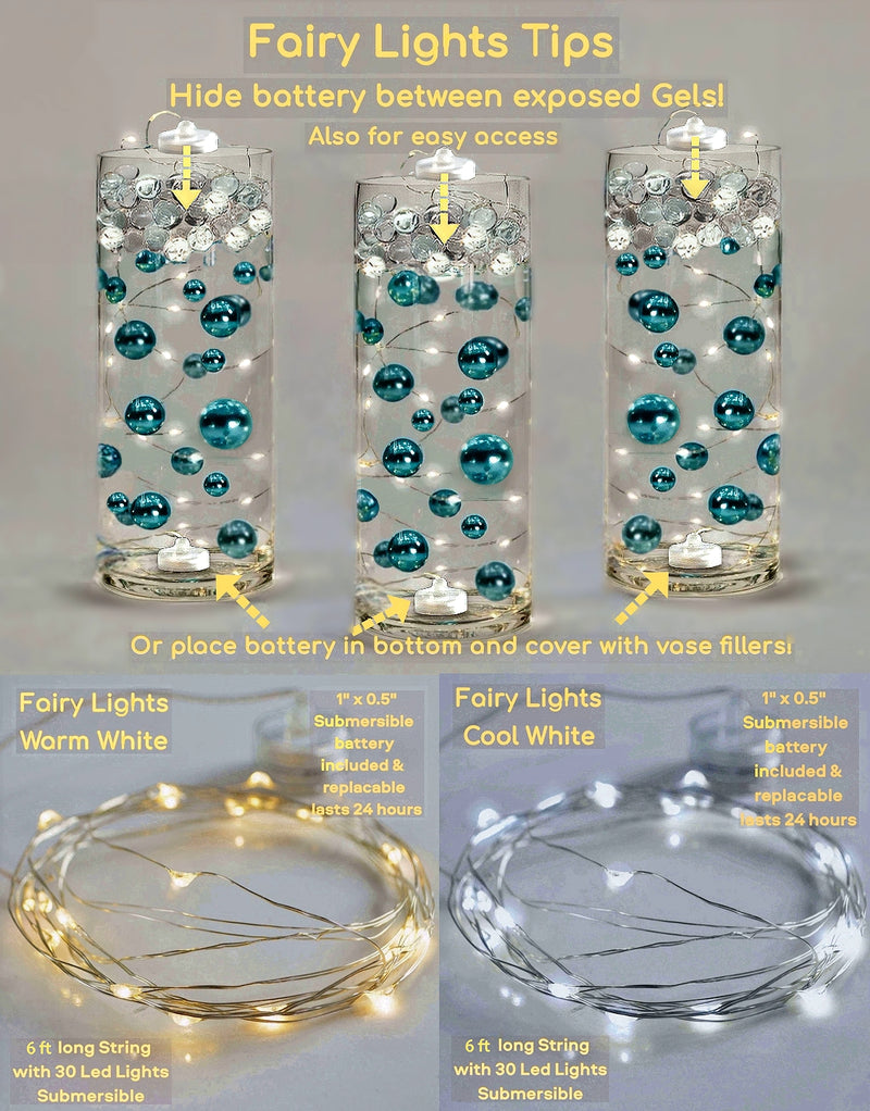 75 Gold Floating Pearls-Large Sizes-Fills 4 Medium Size Vases (1 Gal) of the Transparent Floating Gels-With Measured Prep Bag-Option of 3 Fairy Lights Strings