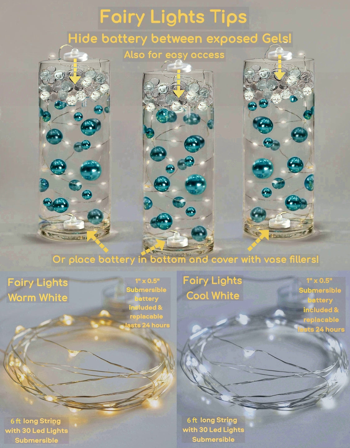 50 Floating Gold Stars-Sparkling-Large Sizes-Fills 1 Gallon of the Transparent Floating Gels for Your Vases - With Pre-Measured Prep Bags - Option of 3 Submersible Fairy Lights Strings