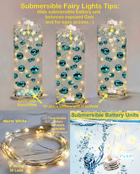 50 Floating White Snowflakes & Pearls-Plus Transparent Water Gels That Fills 1 Gallon for Your Vases- Option: 3 Submersible LED Fairy Lights Strings with Hidable & Submersible Batteries