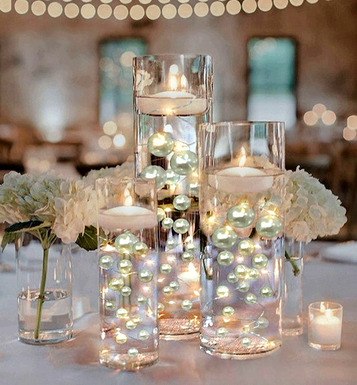 75 Floating White Pearls- Fills 1 Gallon of the Floating Pearls & Transparent Gels for Your Vases- With Measured Prep Bag- And Option of 3 Submersible Fairy Lights Strings