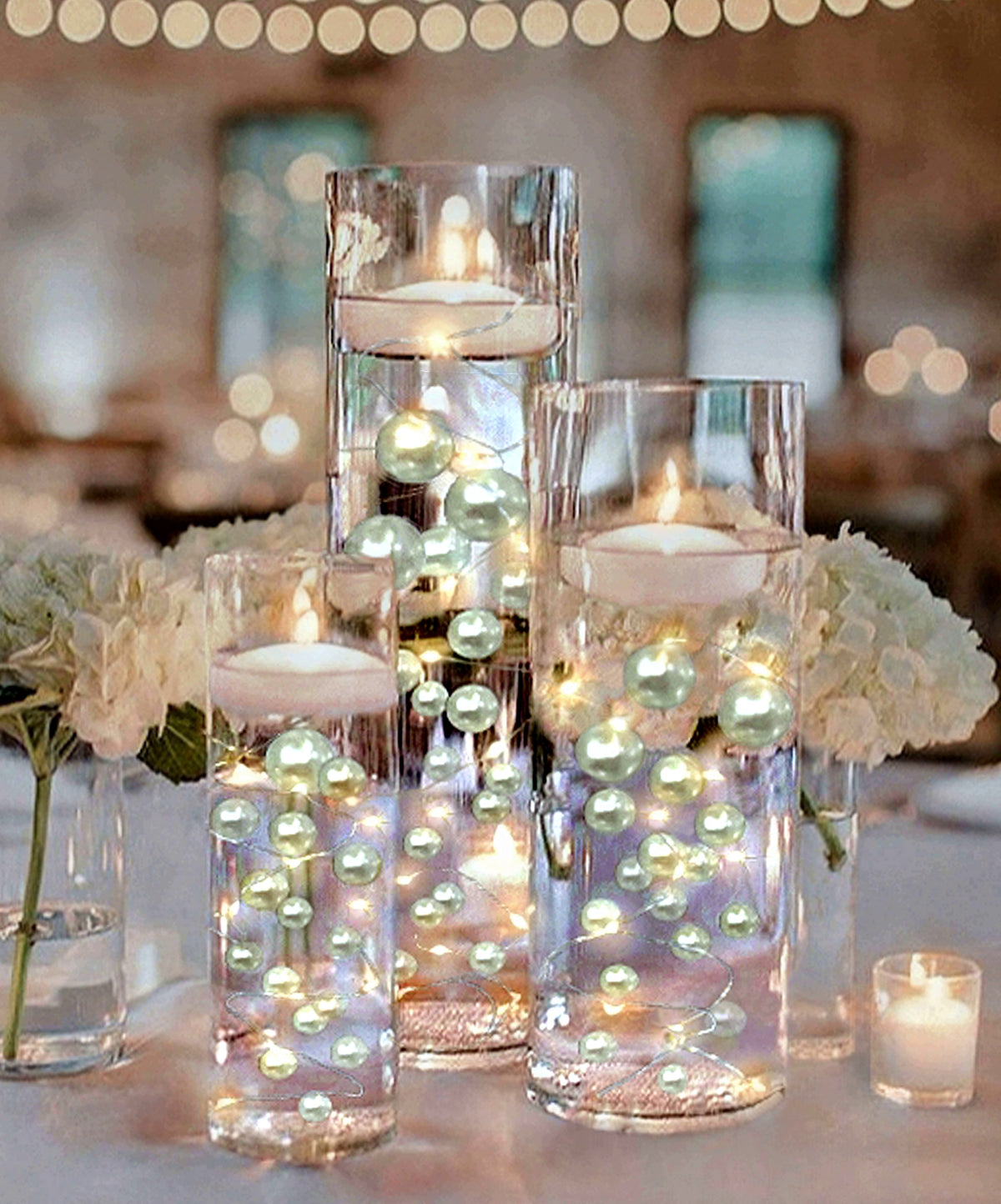 75 Floating White Pearls- Fills 1 Gallon of the Floating Pearls & Transparent Water Gels for Your Vases- With Measured Prep Bag- And Option of 3 Submersible Fairy Lights Strings