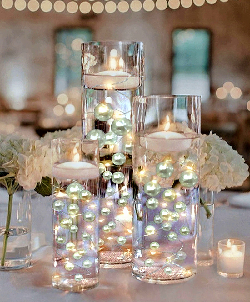75 Floating White Pearls- Fills 1 Gallon of the Floating Pearls & Transparent Water Gels for Your Vases- With Measured Prep Bag- And Option of 3 Submersible Fairy Lights Strings