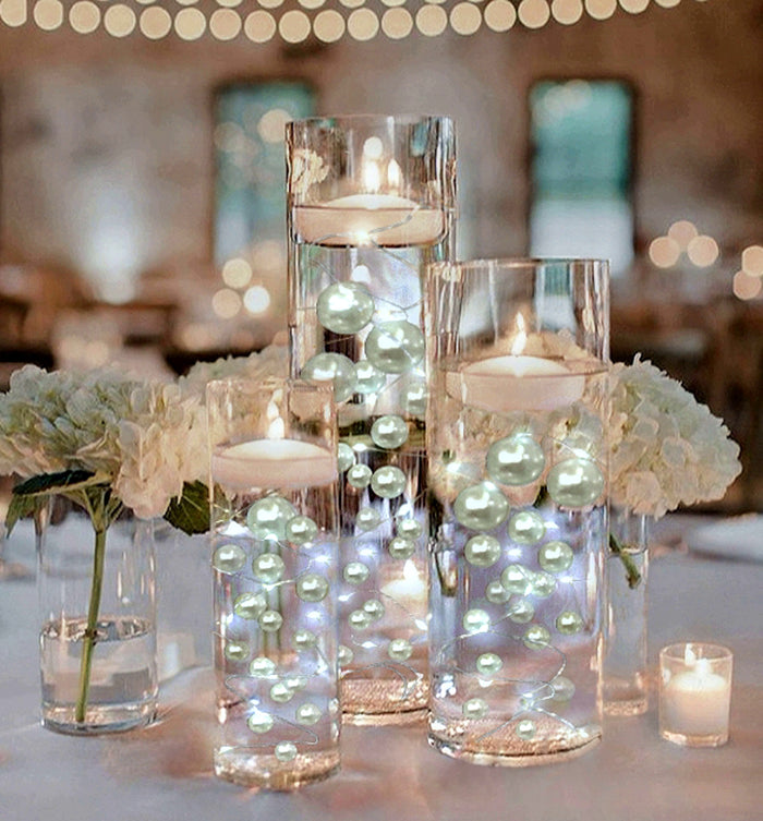 75 Floating White Pearls- Fills 1 Gallon of the Floating Pearls & Transparent Gels for Your Vases- With Measured Prep Bag- And Option of 3 Submersible Fairy Lights Strings