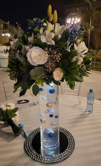 115 Floating Royal Blue/ Navy Pearls & Silver Glitter Pearls-Large-Option of 6 Submersible Fairy Lights Strings with Hidable Submersible Batteries- Fills 2 Gallons of Transparent Water Gels for Your Vases
