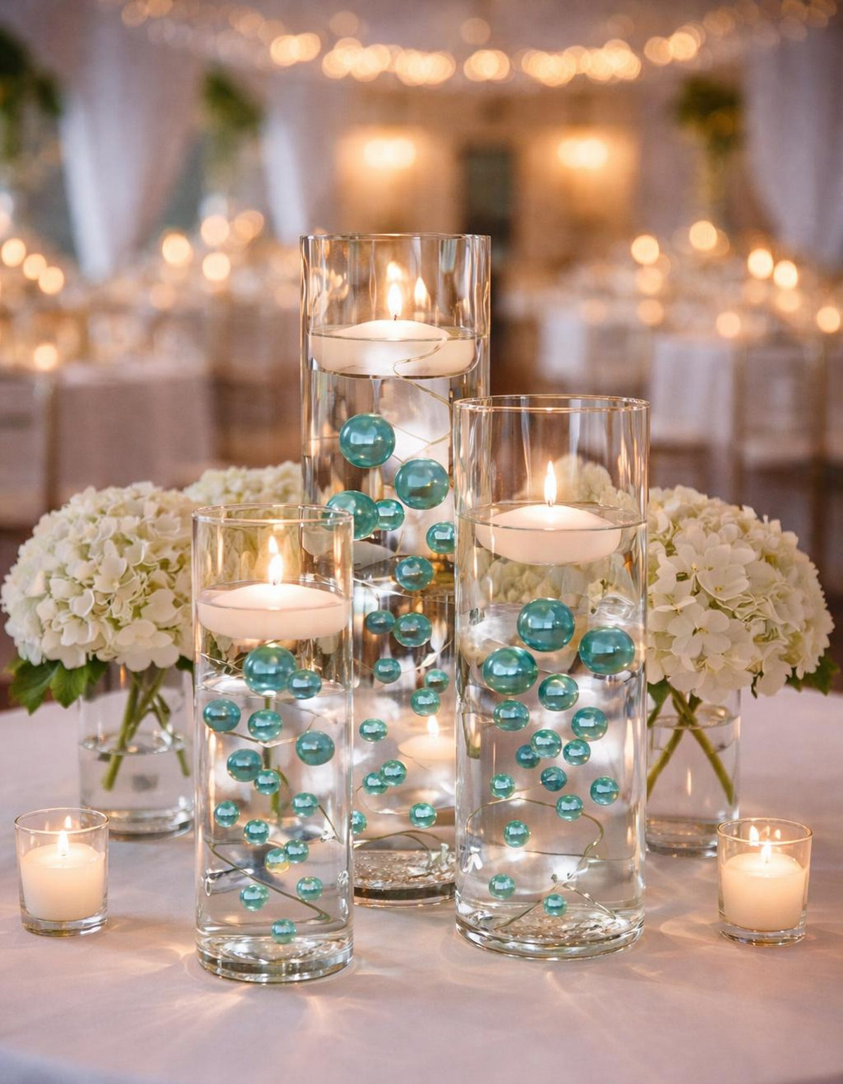 100 Floating Turquoise Blue Pearls and Sparkling Gems Large Sizes- Option of 6 Submersible Fairy Lights Strings Hidable Submersible Batteries- 2 Gallons of Transparent Water Gels for Vases