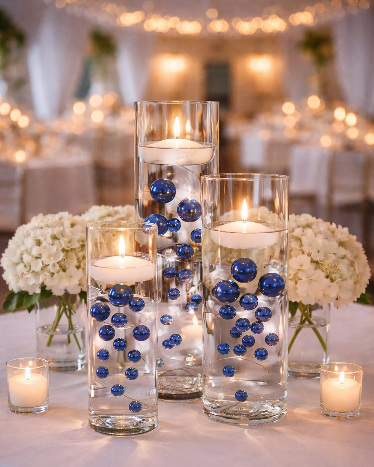 75 Floating Royal Blue (Navy) Pearls Large Sizes- Option of 3 Submersible Fairy Lights Strings Hidable Submersible Batteries- 1 Gallon of Transparent Water Gels for Vases