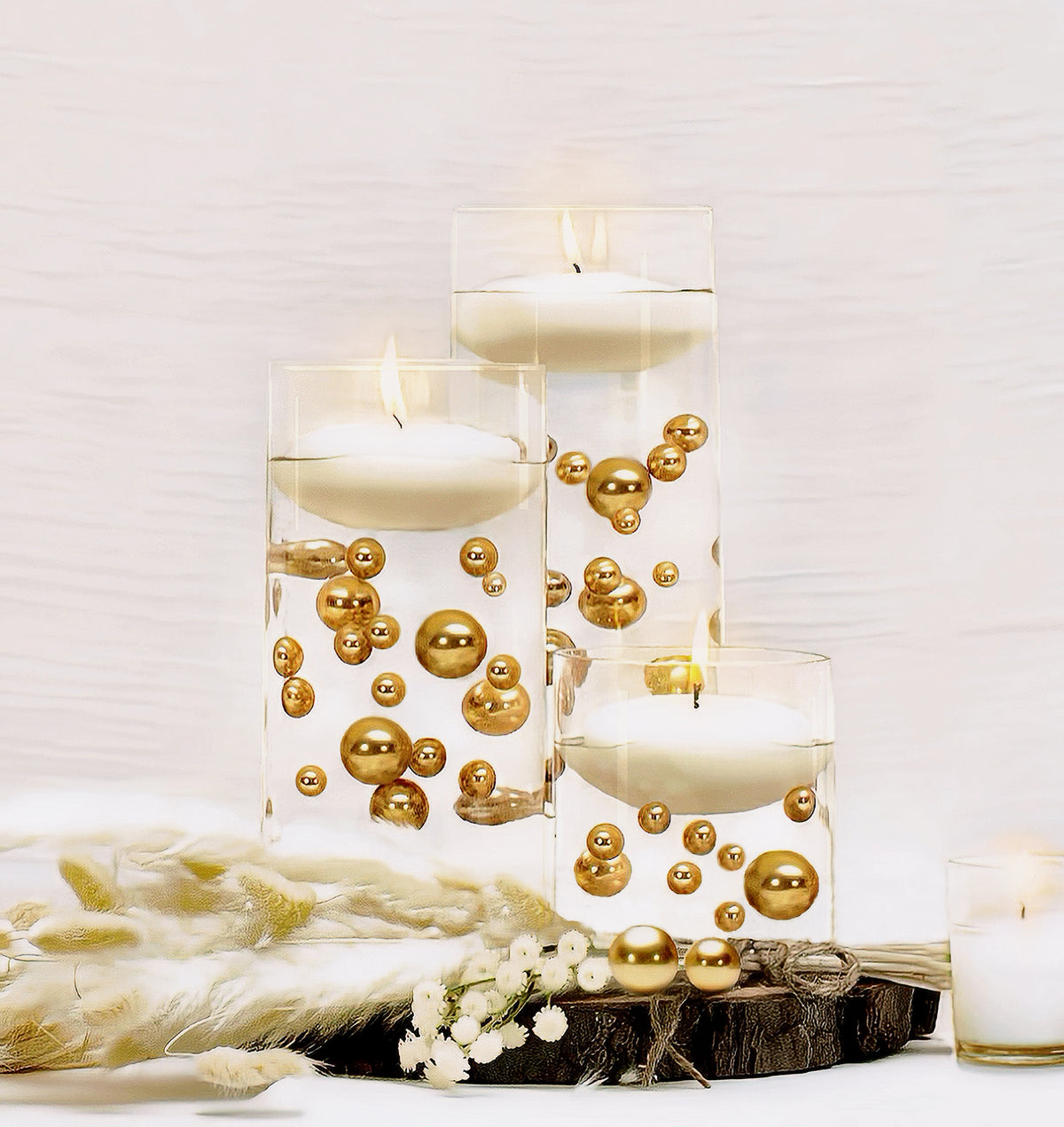 75 Gold Floating Pearls-Large Sizes-Fills 4 Medium Size Vases (1 Gal) of the Transparent Floating Gels-With Measured Prep Bag-Option of 3 Fairy Lights Strings