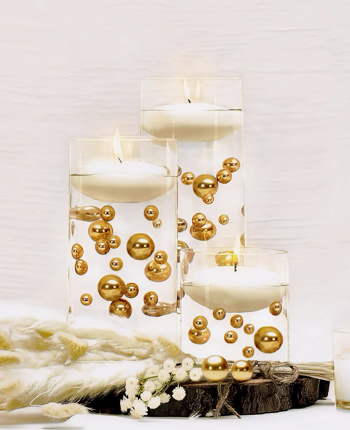 75 Gold Floating Pearls-Large Sizes-Fills 4 Medium Size Vases (1 Gal) of the Transparent Floating Gels-With Measured Prep Bag-Option of 3 Fairy Lights Strings