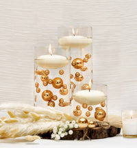 100 Floating Gold Pearls with Gold Sparkling Gems- Large Sizes- Option of 6 White or Warm White Submersible Fairy Lights Strings Hidable Submersible Batteries- Fills 2 Gallons for your Vases