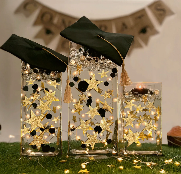 50 Floating Gold Stars-Sparkling- Large Sizes- Fills 1 Gallon of the Transparent Floating Gels for Your Vases -With Pre-Measured Prep Bags -Option of 3 Submersible Fairy Lights Strings
