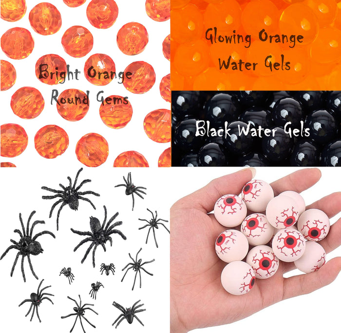 70 Floating Spiders and Orange & Black Round Gels Effects- Fills 1 Gallon for Your Vases- With Options of 6 Floating Eyeballs