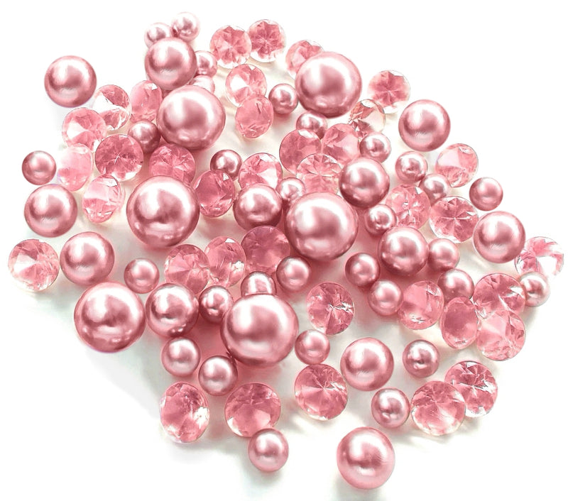 100 Floating Light Pink Pearls with Matching Pink Gems- Large Sizes- Fills 2 Gallons of the Transparent Floating Gels for Your Vases- With Pre-Measured Prep Bags- Option of 6 Submersible Fairy Lights Strings
